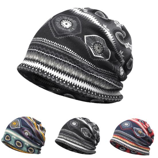 Damehatt Toppløs Strikket Vintage Trykk Lett Dekorativ Etnisk Stil Elastisk Ørebeskyttelse Dame Lue for Hverdagslig Bruk