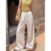 Women's Summer White Wide-Leg Pants - High-Waisted, Casual, Loose-Fitting, Slimming, Ice Silk, Imitation Cotton Linen Fabric