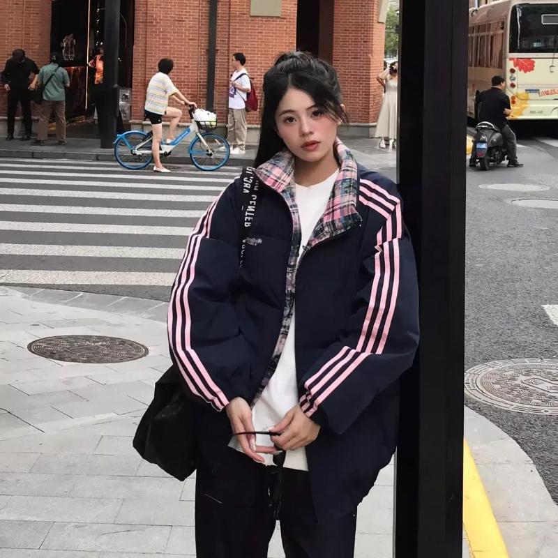 Patchwork Stripe Winter Cotton Coat Women Loose Thick Padded Jacket Casual Outwear