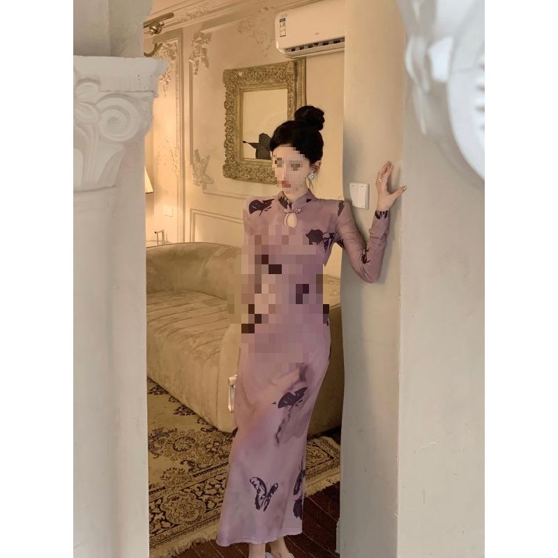 

Women s Retro Purple Cheongsam: Stand Collar, Frog Button, Hip-Hugging Long Dress for Spring/Autumn Medium фиолетовый