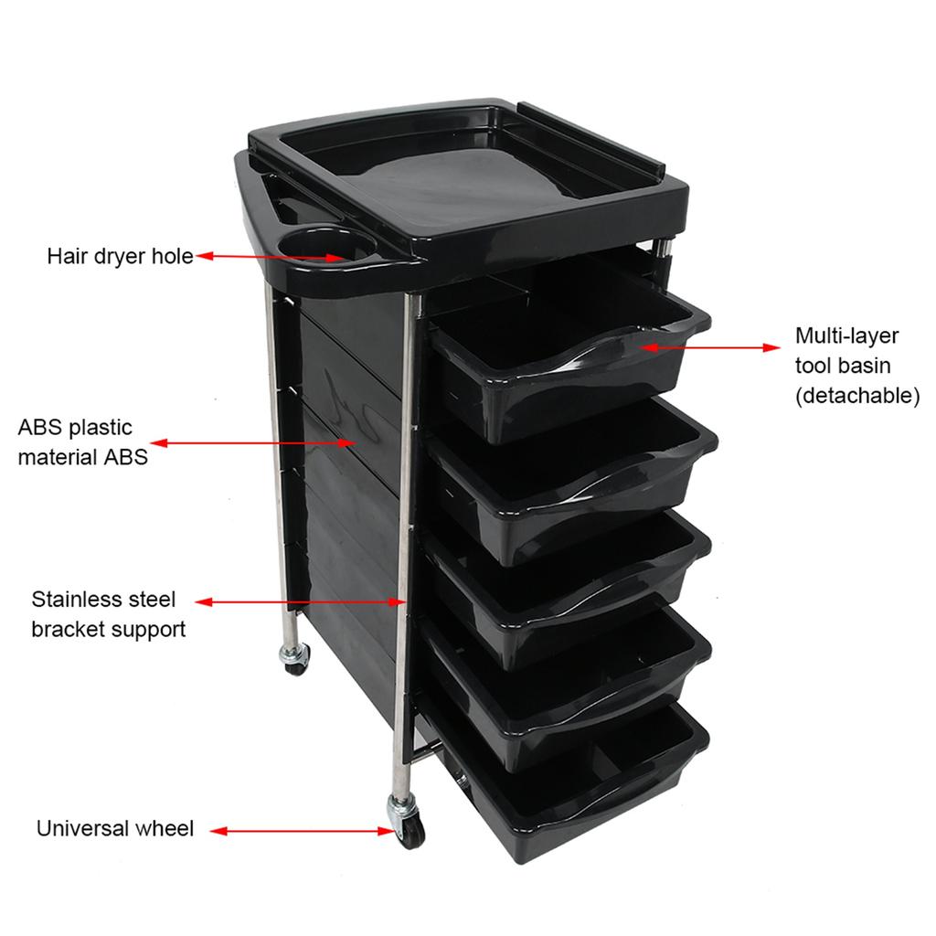 Black 5 Tier Hair Salon Trolley Barber Beauty Storage Rolling Cart Tool AccessoryBlack