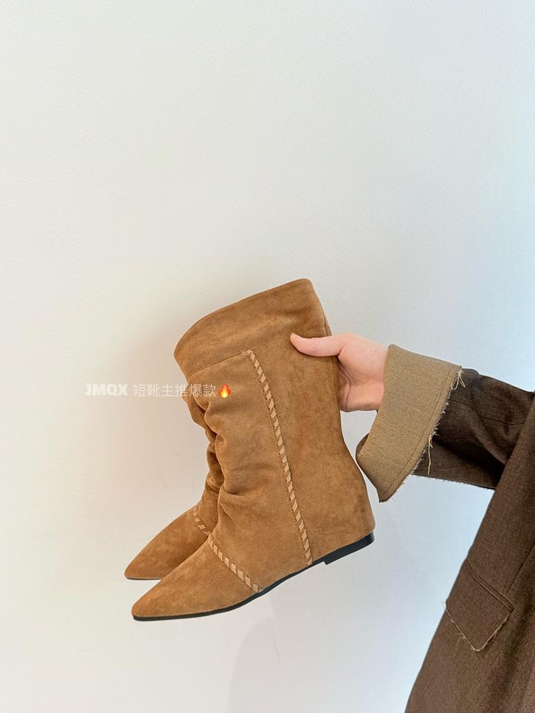 Martin boots women's 2025 autumn new wasteland lace pointed thick heel thin pile boots western cowboy short boots