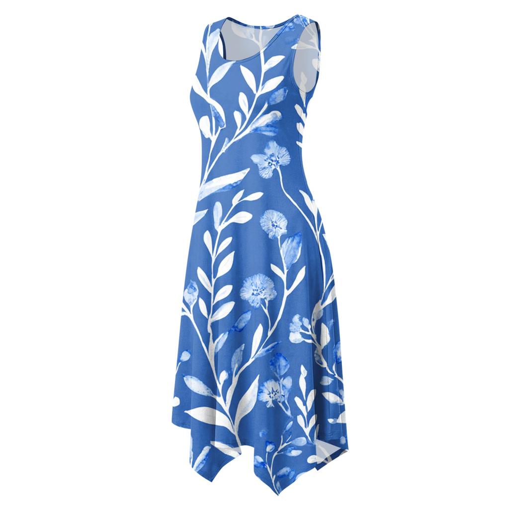 Women Sleeveless Crew Neck Floral Print Midi Dress Asymmetrical Hem Casual Loose Fit Summer Sundress for Everyday Wear