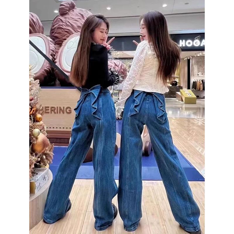 

Liu Yifei Style Bowknot Denim Pants: Women s High-Waist Loose Fit, Spring/Autumn Small синий