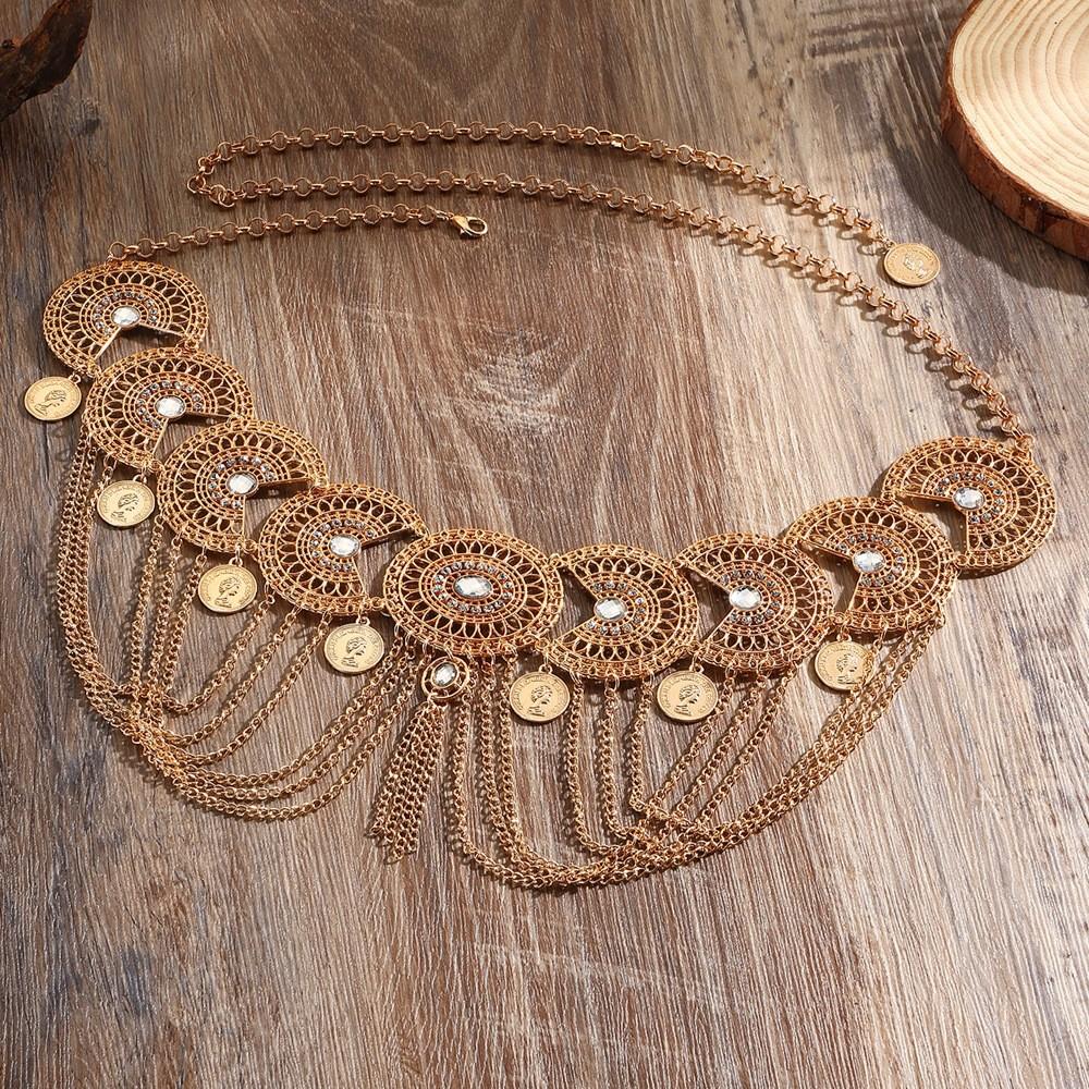 

Богемный пояс-цепочка с металлическими украшениями и кисточками для фестиваля золотой