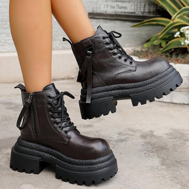Fashion British Style Pu Leather Boots Women High Heel Chunky Platform Ankle Boots Woman Fashion Lace Up Zipper Up Booties Ladies