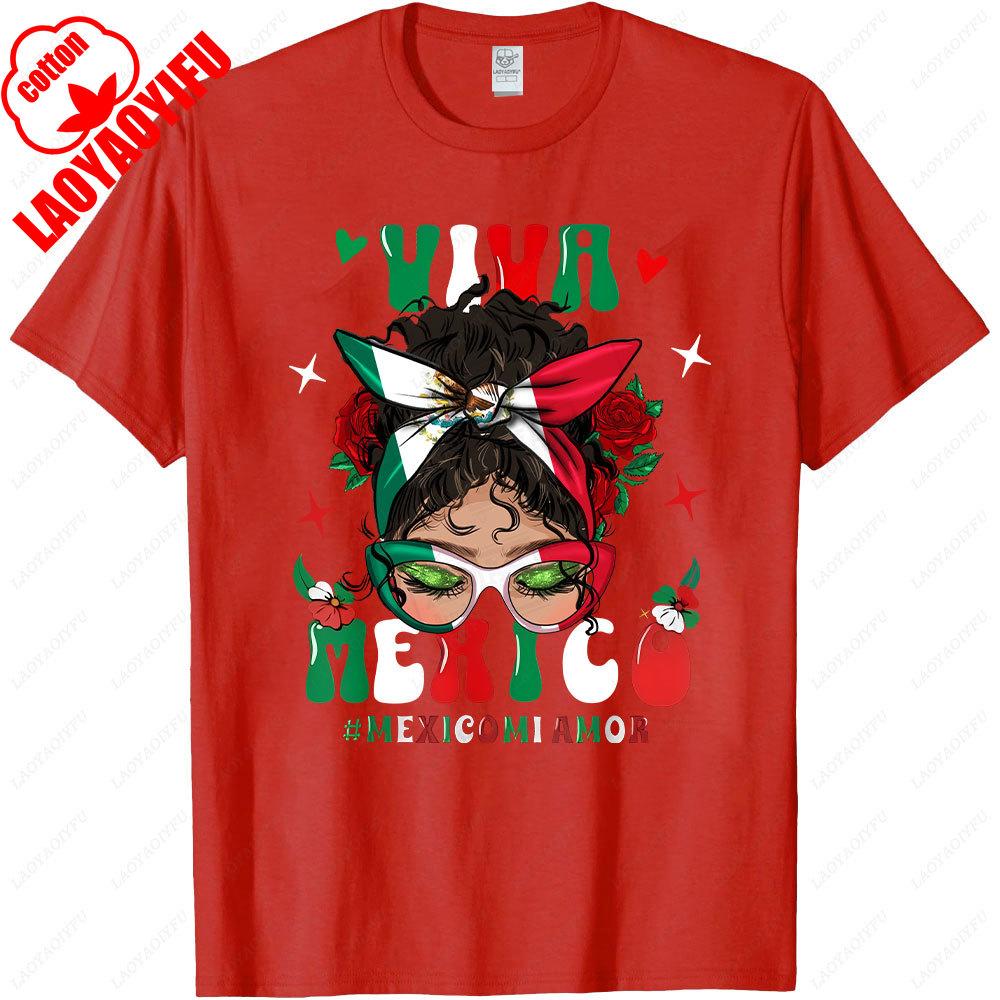 Viva Mexico Messy Bun High Quality TShirt Mexican Girl Hair Flag Graphic Women Clothes Mexico Pride Shirt ONeck ShortSleeve