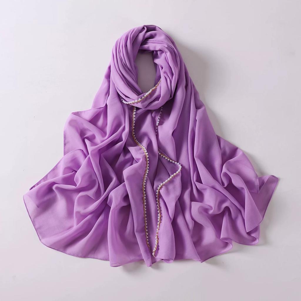 New Pearl Chiffon Hijab Scarf Copper Chain With Black Crystal Pearls Women Muslim Fashion Hijabs For Women Ramadan Turban Femme
