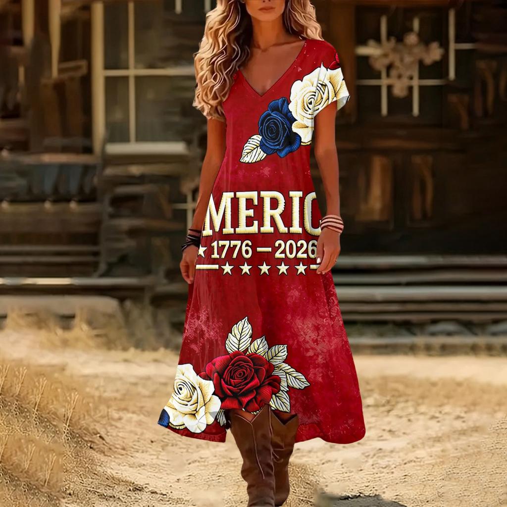 Damen Maxikleid mit V-Ausschnitt und kurzen Ärmeln mit 1776 Amerika-Print, Farbverlauf-Saum und Blumengrafik, Lässig, Lockerer Schnitt