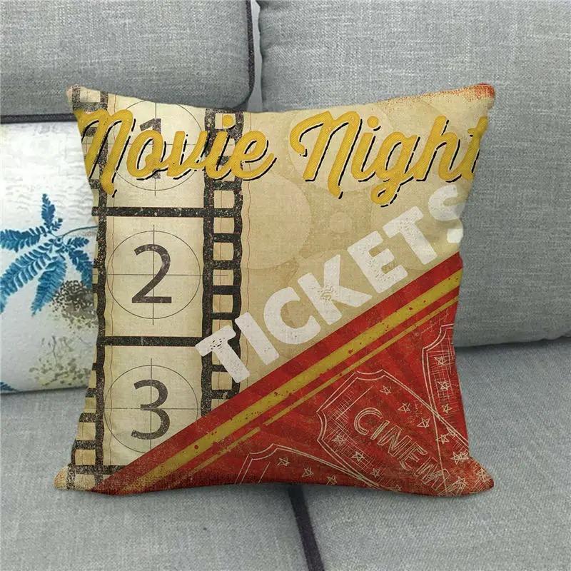 Vintage Cinema Movie Theme Pillow Cover Cushion Cover Film Throw Pillow Case For Home Theater Sofa Decor Peach Skin 1 Pc 40X40