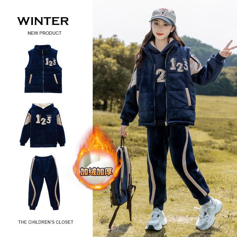 Girls Velvet Tracksuit Set Winter Thick Fleece Hooded Sweatshirt Pants 3pcs