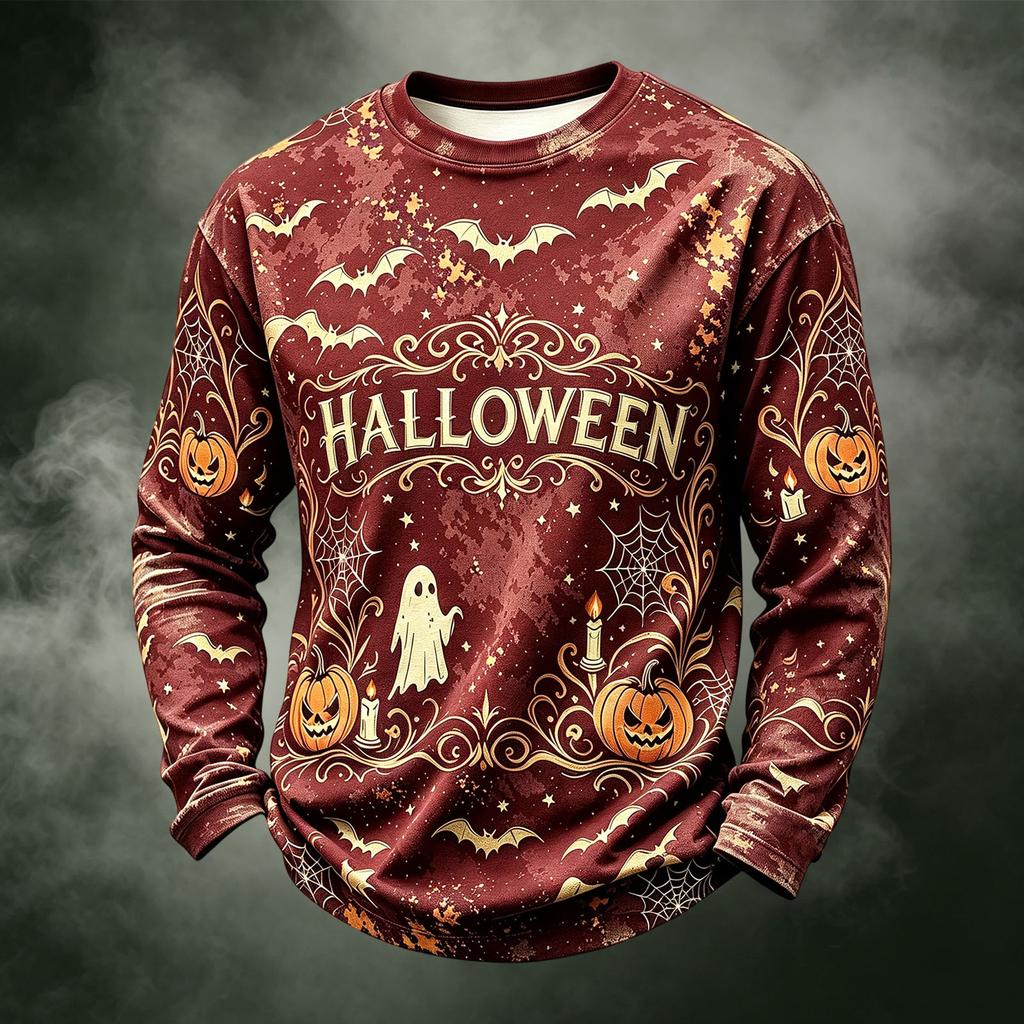 Men's Casual Knit Neck Long Sleeve Top with Halloween Print