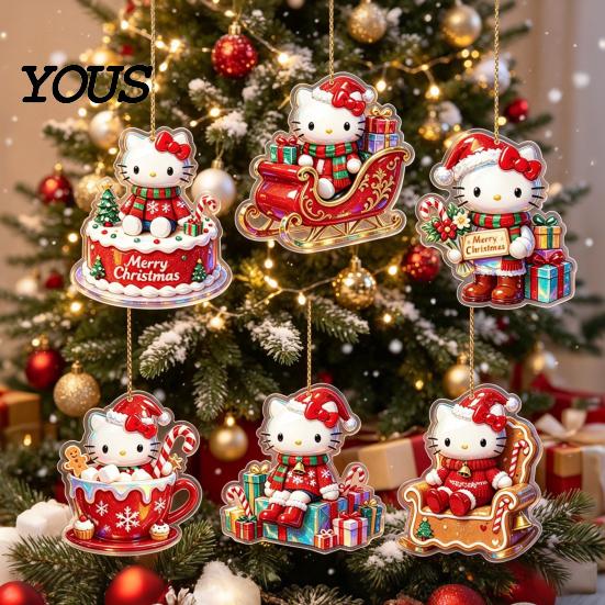 Christmas Gift for Friends Kitty Ornaments, 2D Flat Acrylic Hanging Decorations, Cute Winter Holiday Ornaments Cartoon Pendants Tree, Home Decor