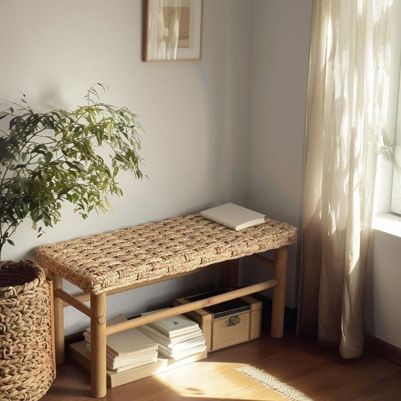 Solid Wood Stools Nordic Living Room Rattan Bench Entrance Hall Square Shoe Change Stool Modern Home Decoration Furniture