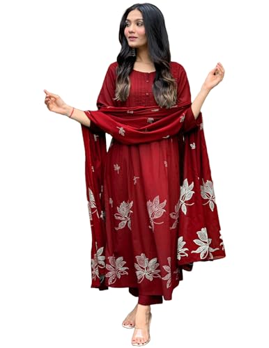 Gosriki Women'S Rayon Viscose Anarkali Printed Kurta With Pant & Dupatta (Gangori Red-Gs_M_Red_Medium)
