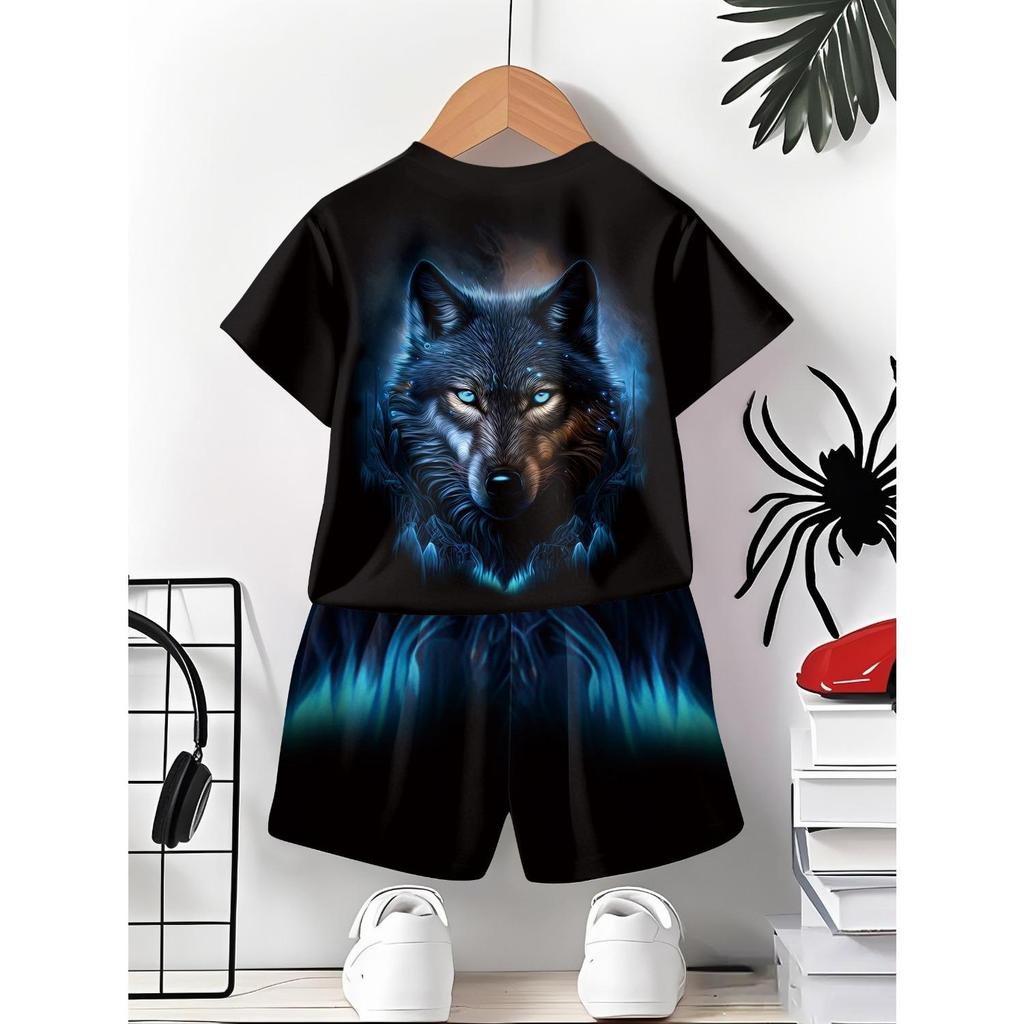 2-piece boys' short sleeved shorts blue flame wolf print set casual sports versatile round neck T-shirt set