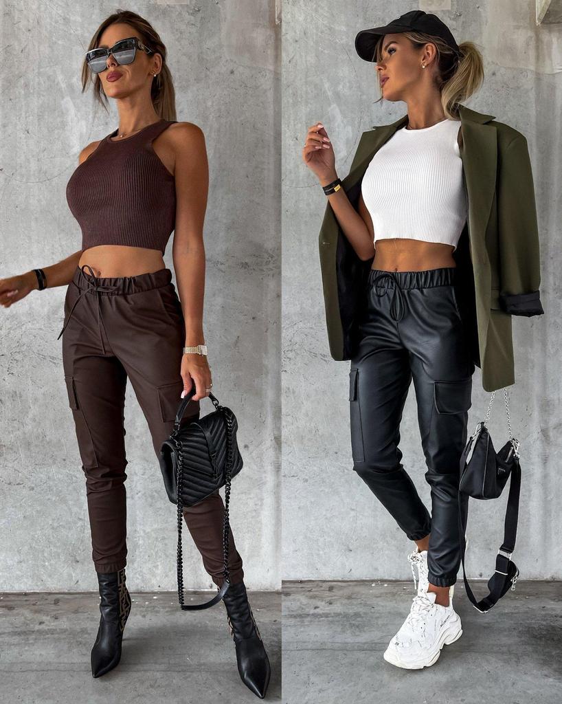 European & American Autumn/Winter Street Style Waist-Cinching Leather Drawstring Pants