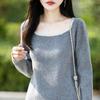 Solid Color Retro Wool Sweater - Long Sleeve Square Neck Knit Top for Women
