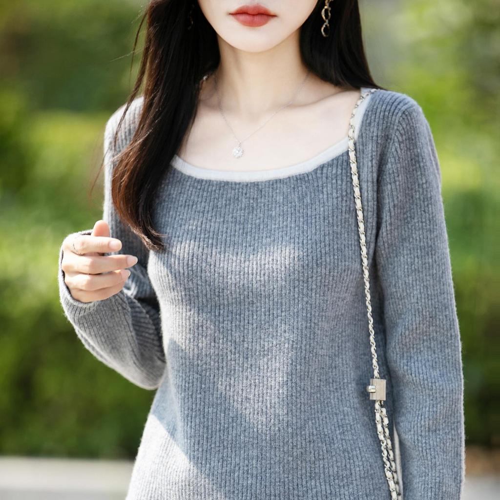 Solid Color Retro Wool Sweater - Long Sleeve Square Neck Knit Top for Women