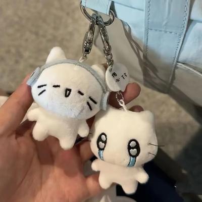 Niedliche Kopfhörer Kätzchen Paar Schlüsselanhänger Mini Weinende Katze Puppe Plüsch Schlüsselanhänger Cartoon Taschenanhänger Charms Rucksack Dekoration A19