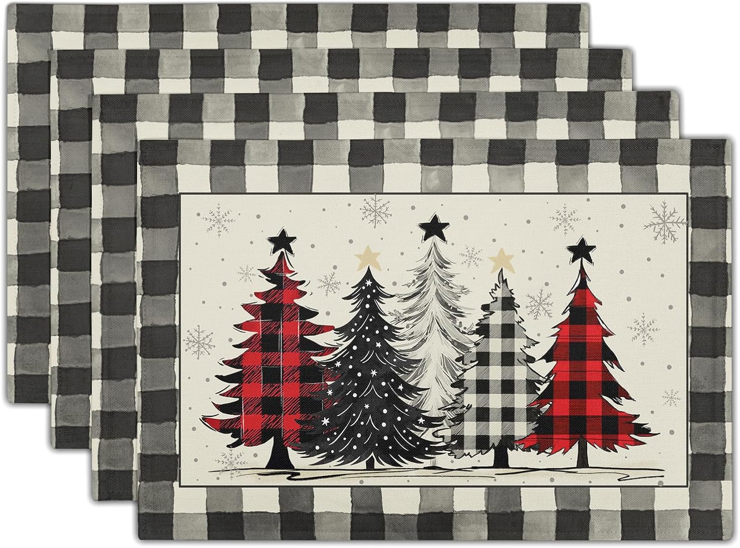 

Waterclor Buffalo Plaid Christma Trees Linen Placemats Set of 6 18x12 Inch Xmas Winter Holiday Table Mat Wipeable Place Mat 6PCS