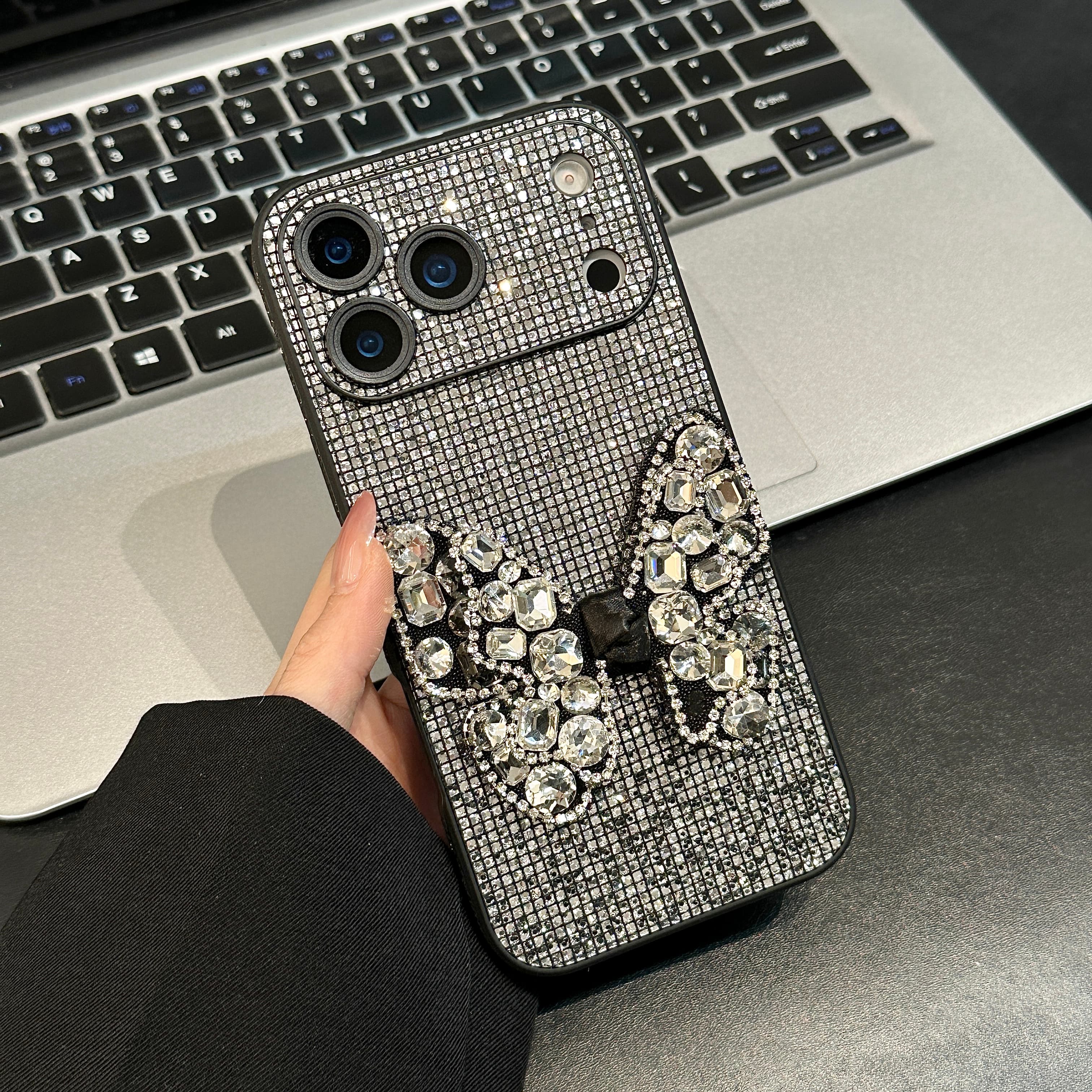 

iPhone Glitter Bow Knot Phone Case with Rhinestones Diamond Bling Back Cover for 17 16 15 14 13 pro Max 17PROMAX 17PRO iPhone 13 сірий колір