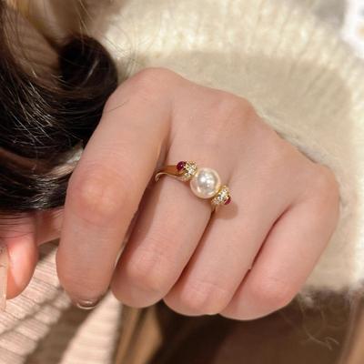 Klassische Vintage Rubin Klassische Weiße Perle Ringe für Damen Leichter Luxus Charme Mode Einlage Diamantring Hochzeitsschmuck