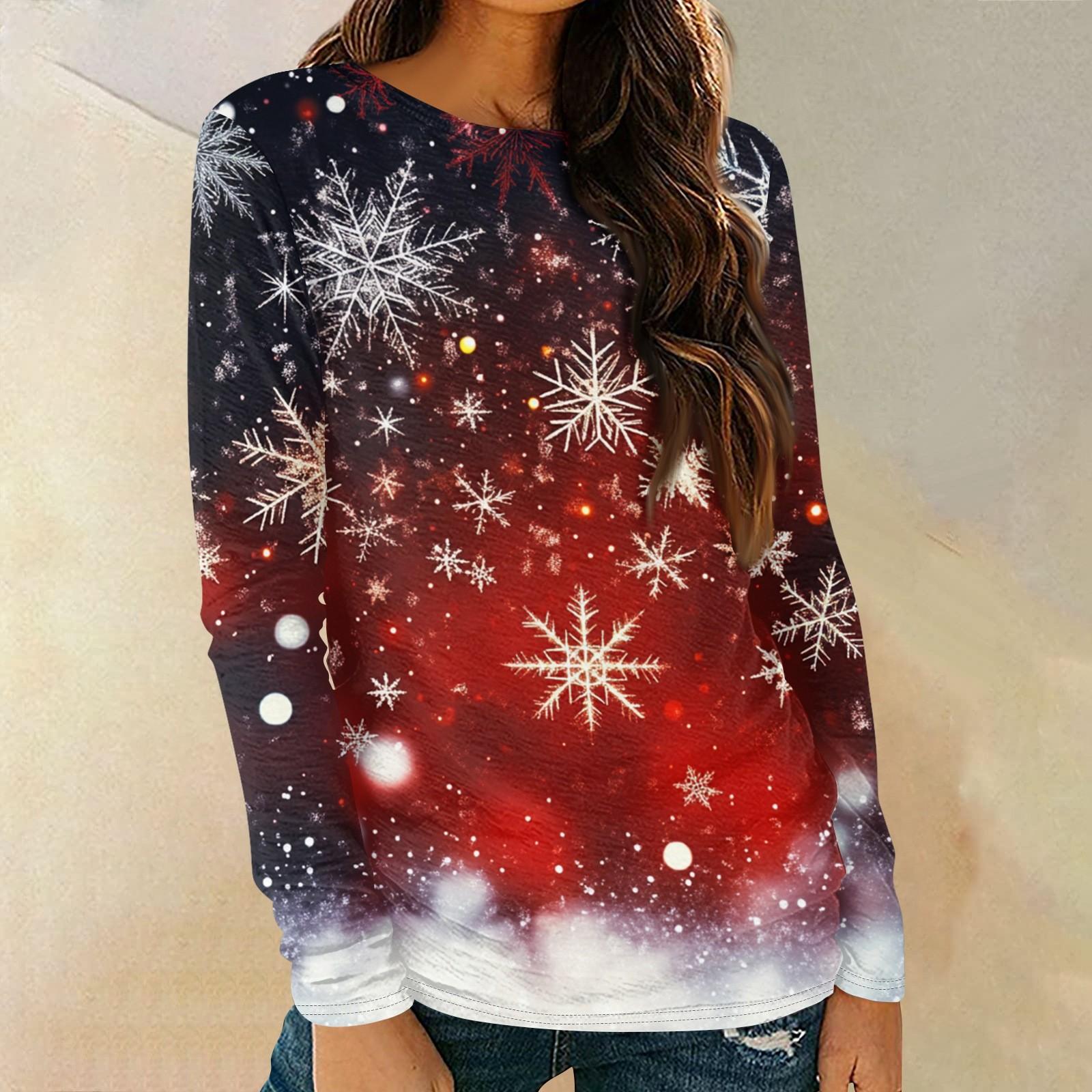 

Женская мода круглый вырез пуловер с глубокими рукавами футболка с рождественским принтом топ XL винный