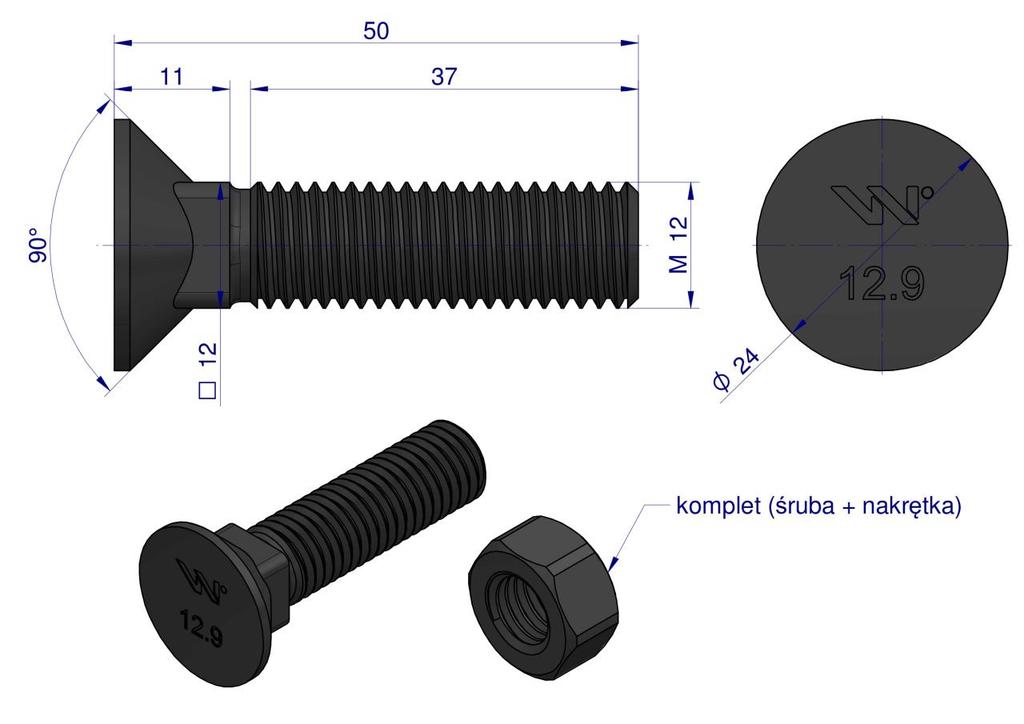 Śruba Kpl. Płużna Podsadzana D 608 M12X50 Mm Kl.12.9 Zastosowanie Ząb Sx Waryński ( Sprzedawane Po 25 )