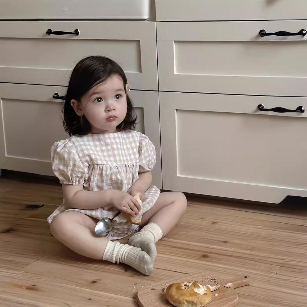 Summer Girl Baby Plaid Thin Puff Sleeves Onesie Newborn Girls Loose Cotton Casual Bodysuit Infant Romper Kids Clothes