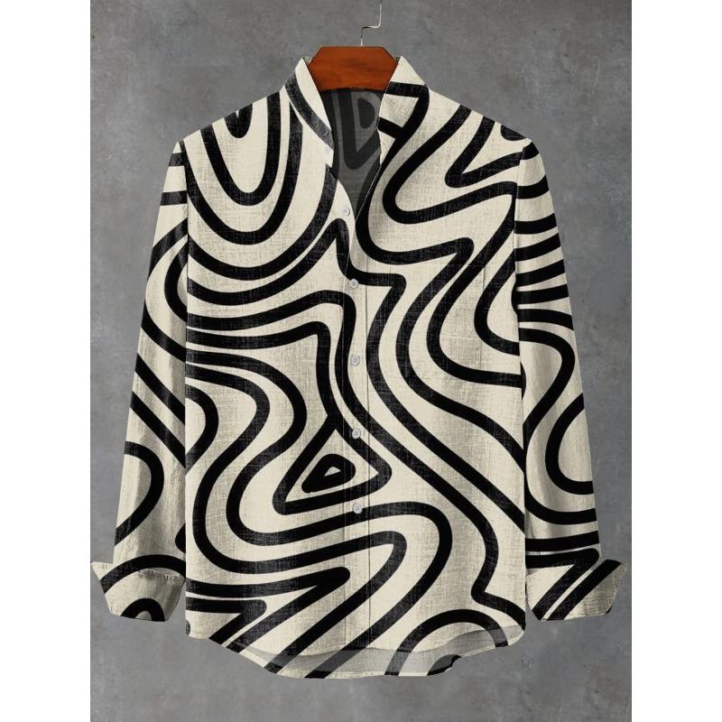 Moda Uomo Primavera/Estate Stile Graffiti Manica Lunga Lino Camicia Color Block Casual Street Trendy Abbigliamento