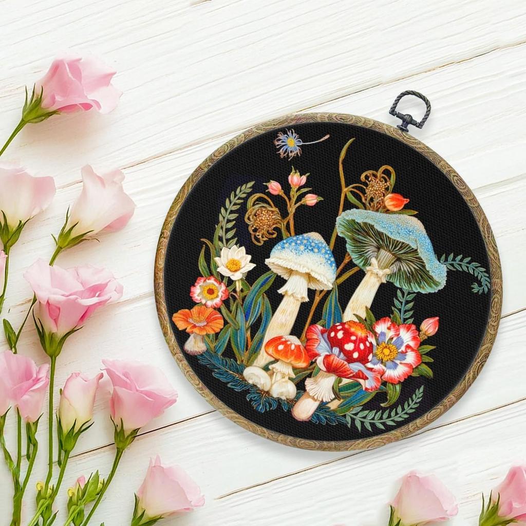 Mushroom Decor Framed Round Wall Decor Canvas Wall Art Hanging Prints Artwork for Home Door Living Room Bathroom Girls Room Kitchen Office