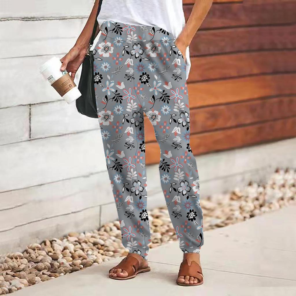 Women 3D Pink Beautiful Rose Print Pants Lace Up Elastic Waist Loose Trousers Casual Long Pants Trousers with Pockets