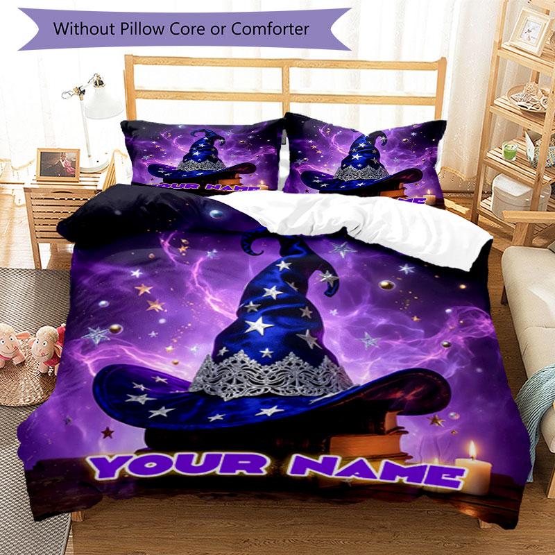 3pcs Custom Name Witch's Hat Magic Night Bedding Set Printed Bedding Set Duvet Cover Closure Includes 1 Duvet Cover & 2 Pillowcases Bedroom Decor