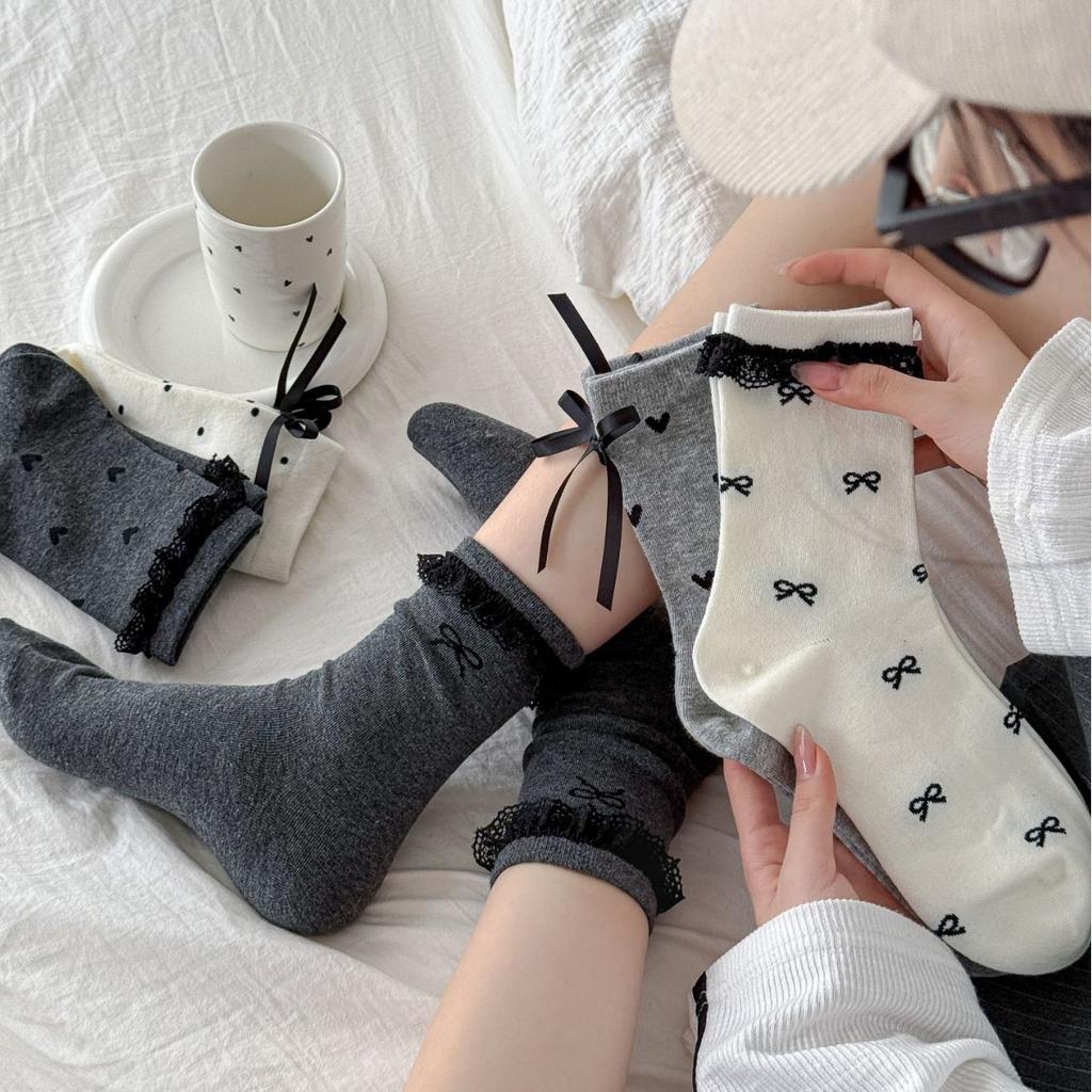 Socks Casual Lazy And Versatile Lace Mid-Tube Socks Tie Bows Polka Dot Layered With Piles Of Cotton Socks