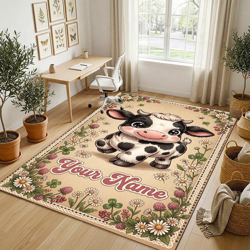 Cow Highland Theme Crystal Velvet Rug Personalized Custom Name Text Soft Floor Mat Home Decor