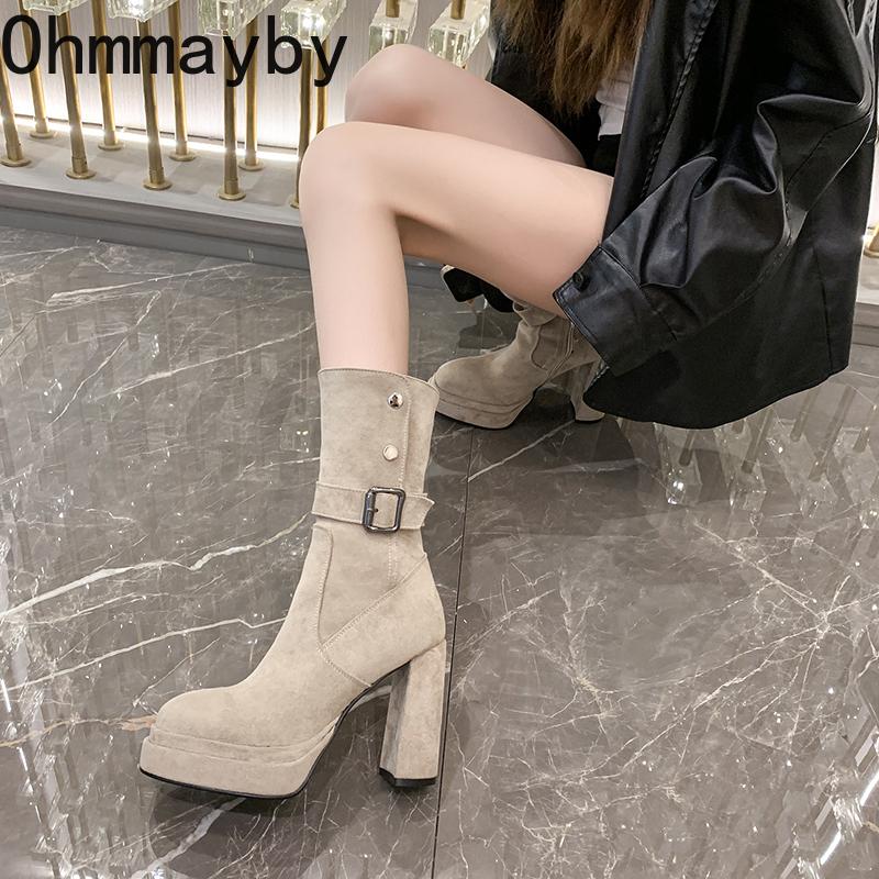Vintage Platform Thick High Heel Women Ankle Boots Fashion Slip On Autumn Winter Female Western Short Booties