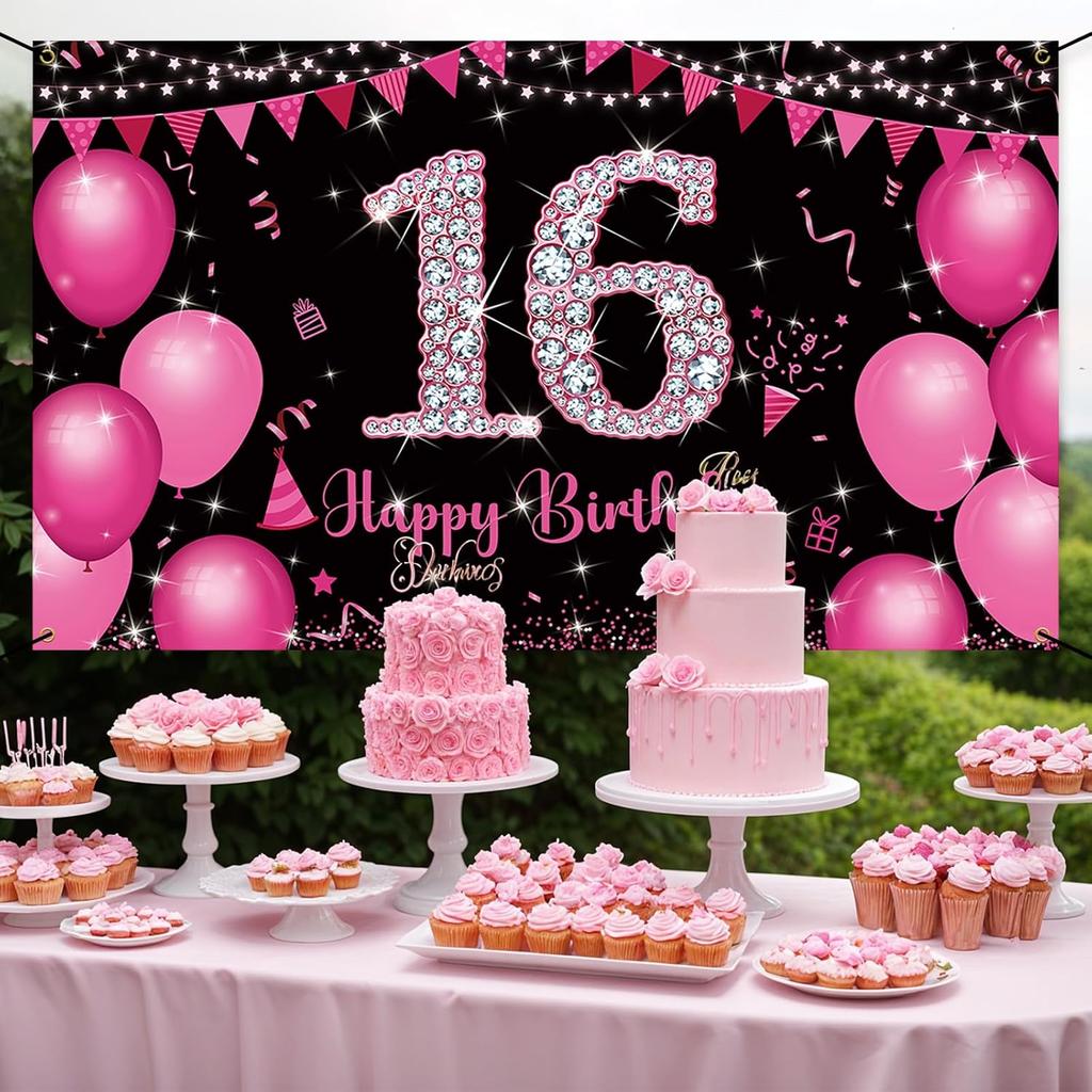 Sweet 16 Birthday Banner Hot Pink, Happy 16th Birthday Decorations for Girls, Sweet Sixteen Party Decorations, 16 Year Old Birthday Photo Props Yard