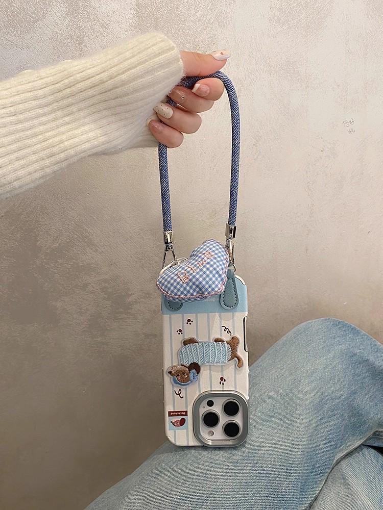 Dachshund Embroidery iPhone 17 Pro and 15/14 Case with Lanyard - Autumn/Winter Protective Cover