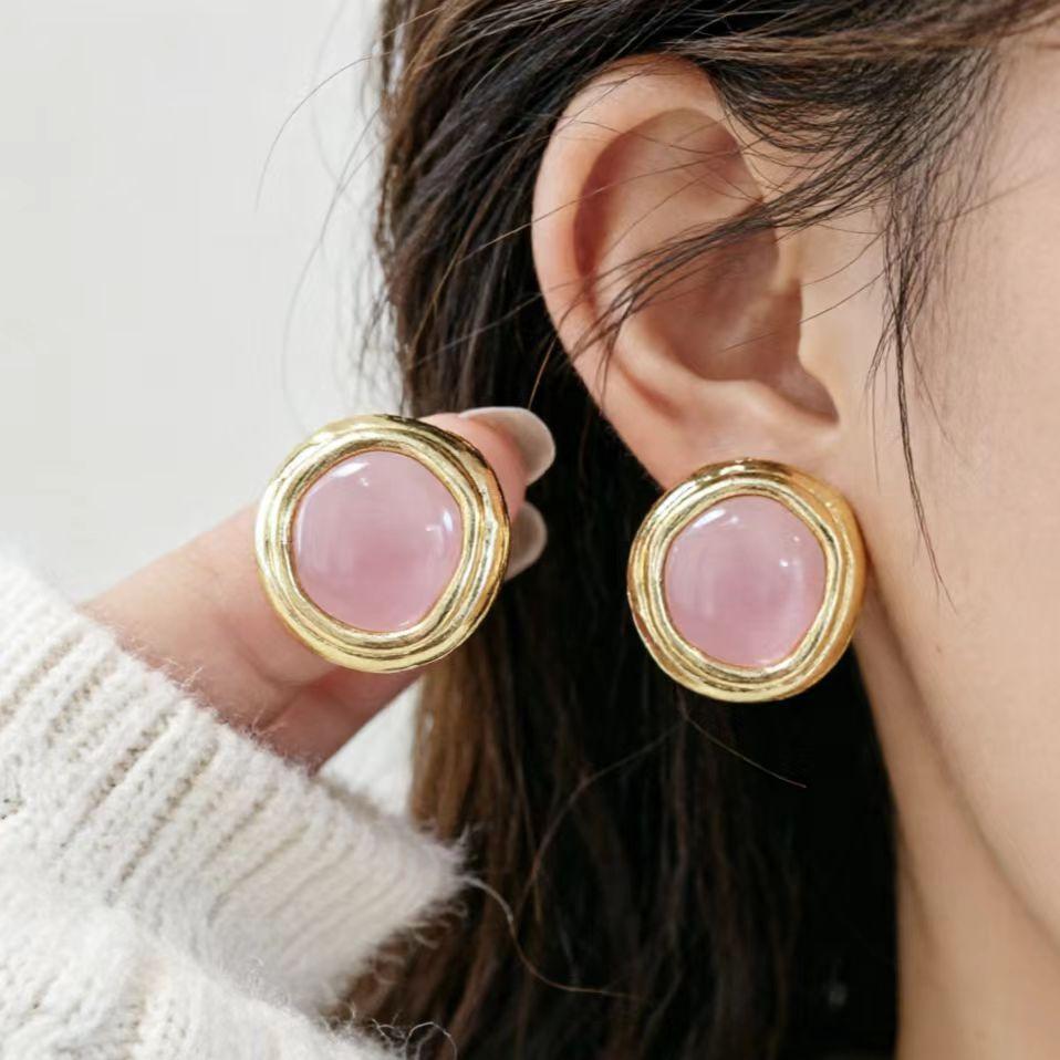 Simple temperament round pink opal earrings new high-end versatile electroplated stud earrings