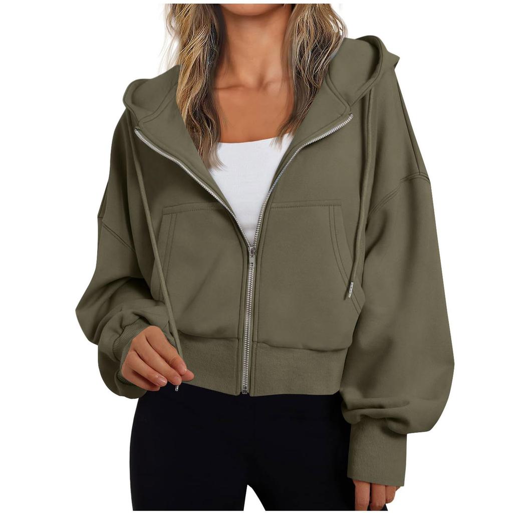 Women's Hooded Zip Up Cropped Sweatshirt Solid Color Lantern Long Sleeve Casual Loose Fall Winter Outerwear Jacket