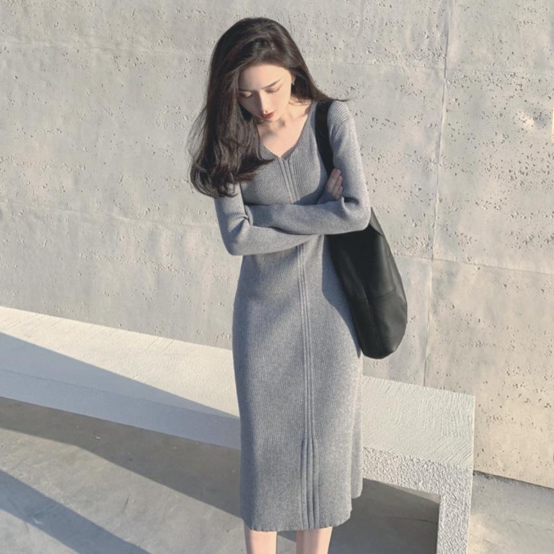 

Slim Fit V-Neck Knitted Dress for Women - Autumn & Winter 2024 Collection Extra Large серый