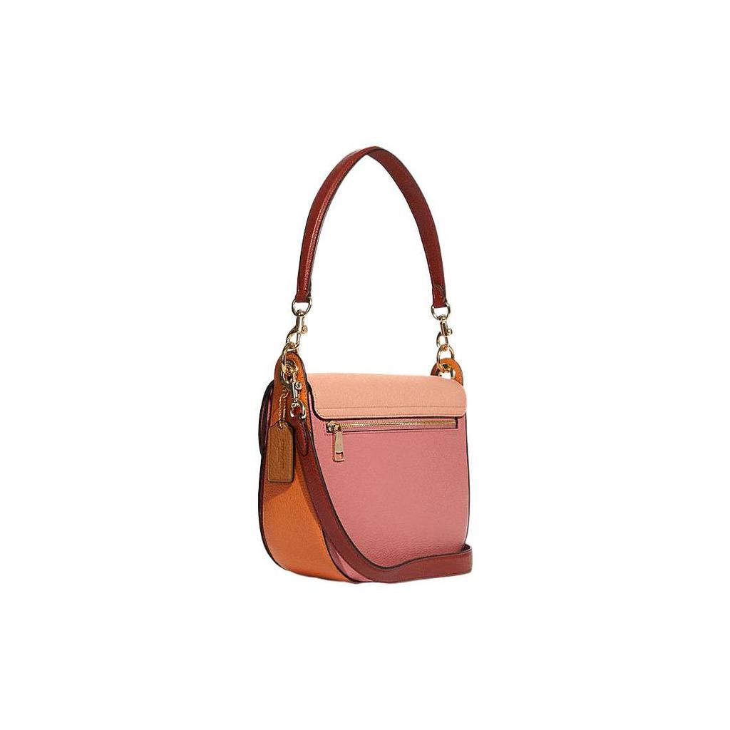 Coach Kleo 23 Color Block Saddle Flap Pebble Leather Shoulder Bag Medium Women Shoulder Bag Pink Orange Deep-Pink C8160-IMSMX