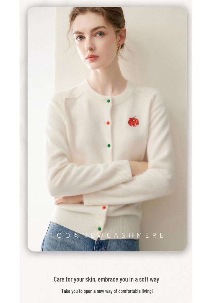 Women's 100% Pure Cashmere Cardigan with Colored Buttons, Round Neck, and Fruit Embroidery.
