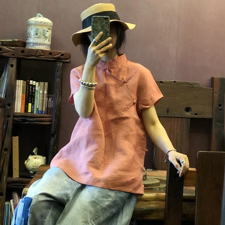 

Johnature Женские красные цветочные рубашки в китайском стиле с коротким рукавом и пуговицами, летние винтажные блузки для женщин оранжевый