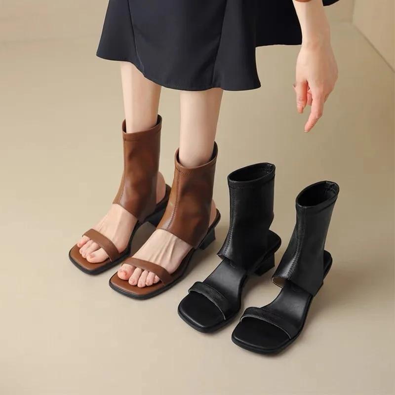 Designer Sandals Women New Roman Style Solid Color Women's Summer Square Toe Thick Heel Open Toe Slip-on High Top Sandals