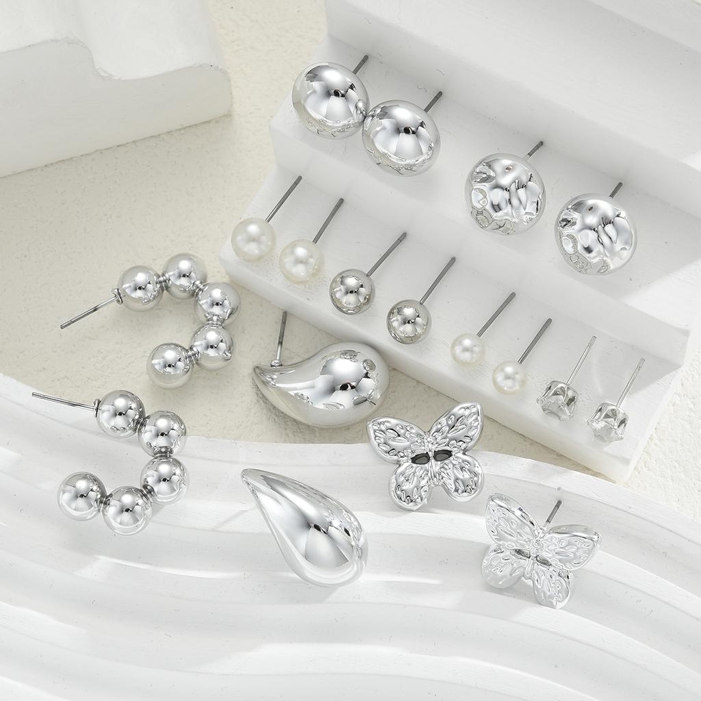 9 Pairs Bohemian Butterfly Earring Set for Women Silver Color Pearl Zircon Geometric Water Drop Earrings Daily Wear Jewelry Gift