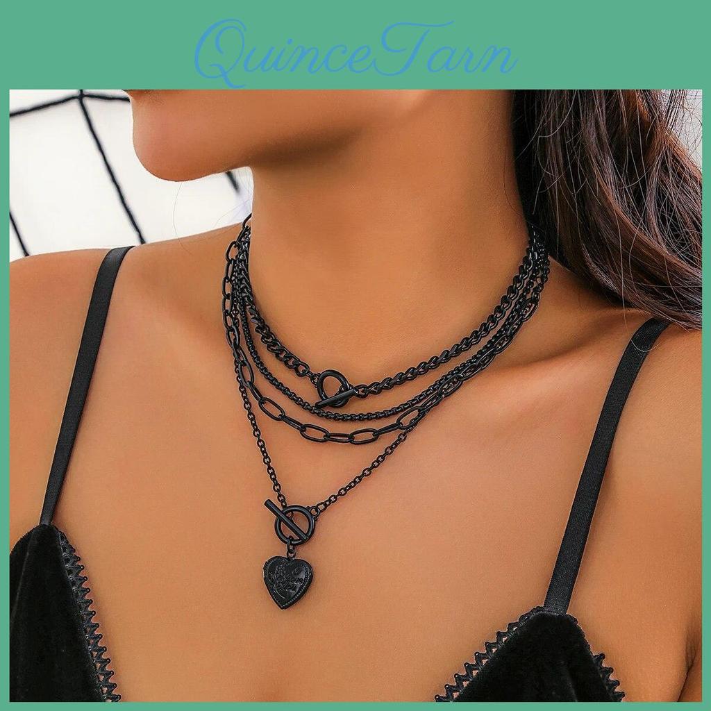 Ot Buckle Peach Black Multilayer Heart Pendant Necklace Set Women Punk Cuban Link Clavicle Chain Halloween
