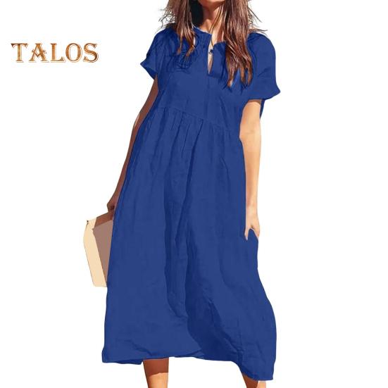 Women's Cotton Linen Maxi Dress Casual Short Sleeve V-Neck Sundress Loose Beach Pleated Long Dress for Summer Vacation