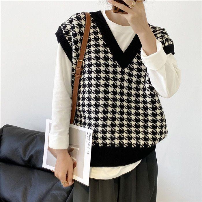 V-neck Knitted Vest Pullover Female Houndstooth Korean Loose All-match Sleeveless Vest Sweater Vest Jacket Outer Wear Pullover